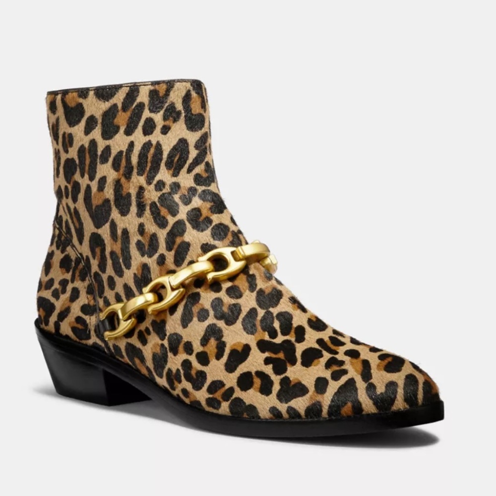 Coach‎ Allen Leopard Haircalf Signature Chain Detail Boots & Booties Print Ankle